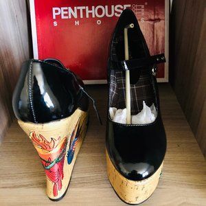 Penthouse Women's Kat Tattoo Embroidered Wedge